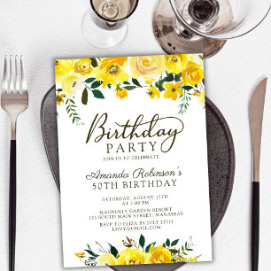 Chic Yellow Watercolor Rose Floral 50th Birthday Invitation