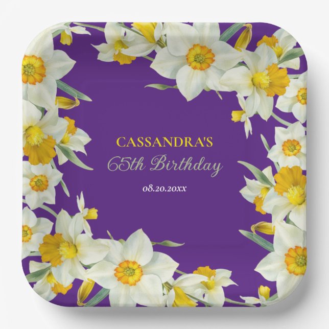 Chic Yellow White Daffodil Floral Purple Birthday  Paper Plate (Front)