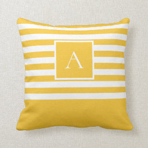 Chic Yellow White Stripe Square Letter Monogram Cushion