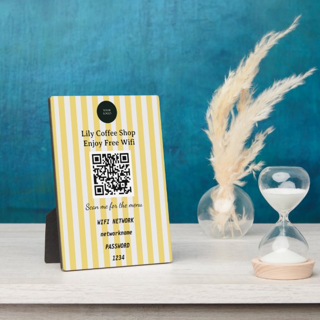 Chic Yellow & White Stripes QR Code Wifi Plaque (Side)