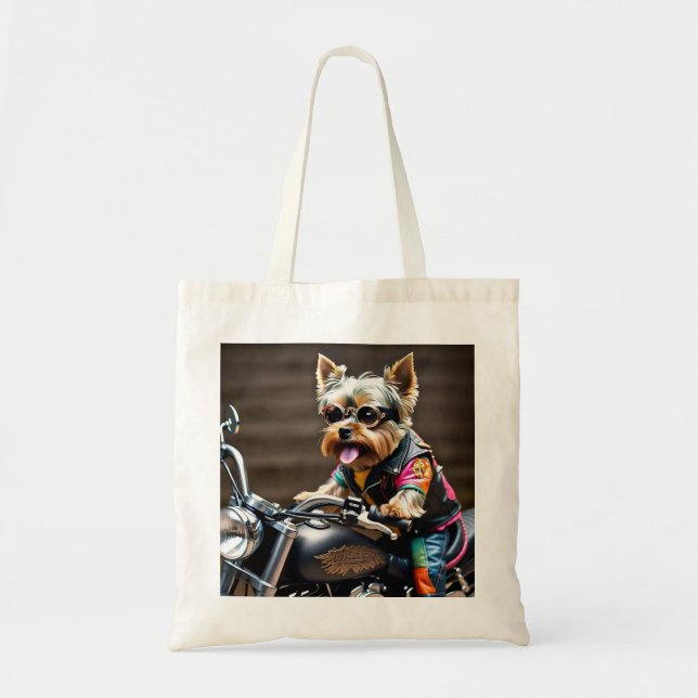 Chic Yorkie on a Motorcycle Tote Bag (Front)