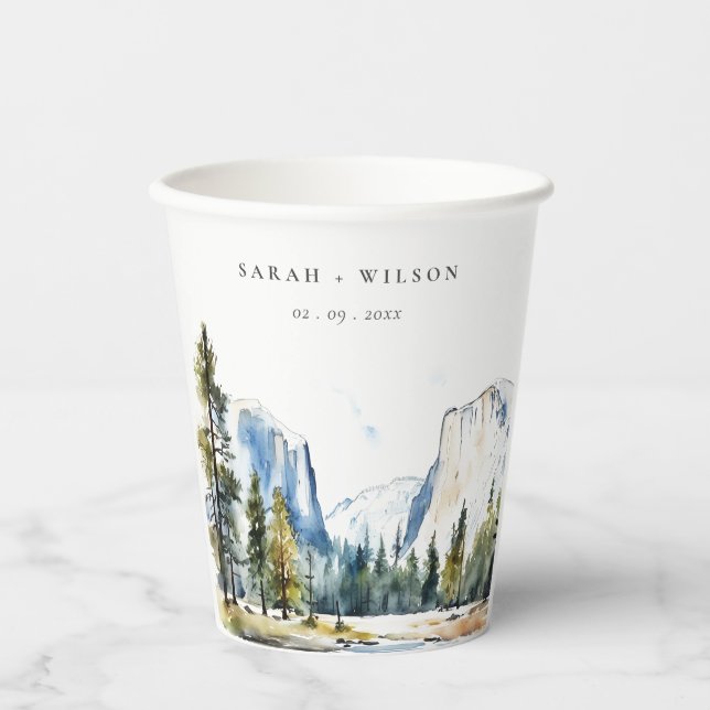Chic Yosemite National Park CA Watercolor Wedding Paper Cups (Front)