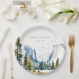 Chic Yosemite National Park CA Watercolor Wedding Paper Plate