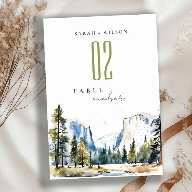 Chic Yosemite National Park CA Watercolor Wedding Table Number (Creator Uploaded)