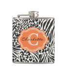 Chic Zebra Leopard & Orange Custom Monogram Flask
