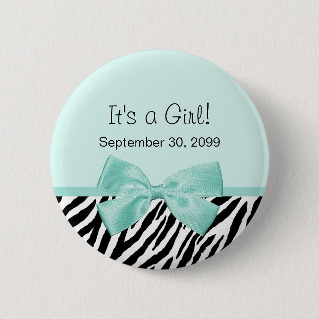 Chic Zebra Mint Ribbon Girly Birth Announcement 6 Cm Round Badge (Front)