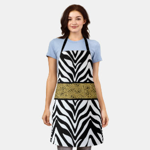 Chic Zebra Pattern Gold Glitter-Look Confetti Apron