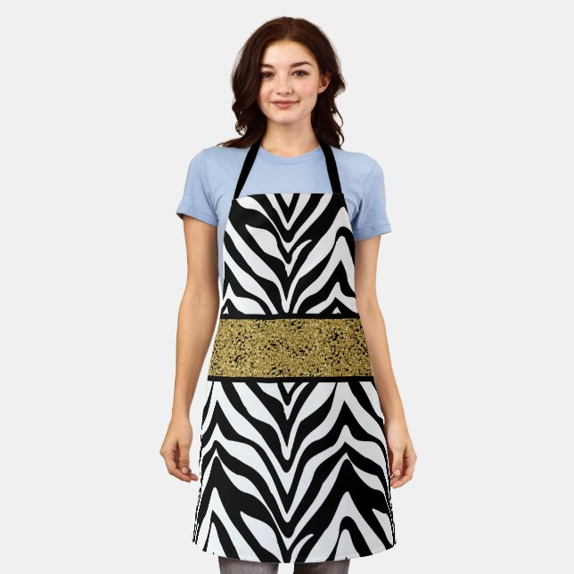 Chic Zebra Pattern Gold Glitter-Look Confetti Apron (Worn)