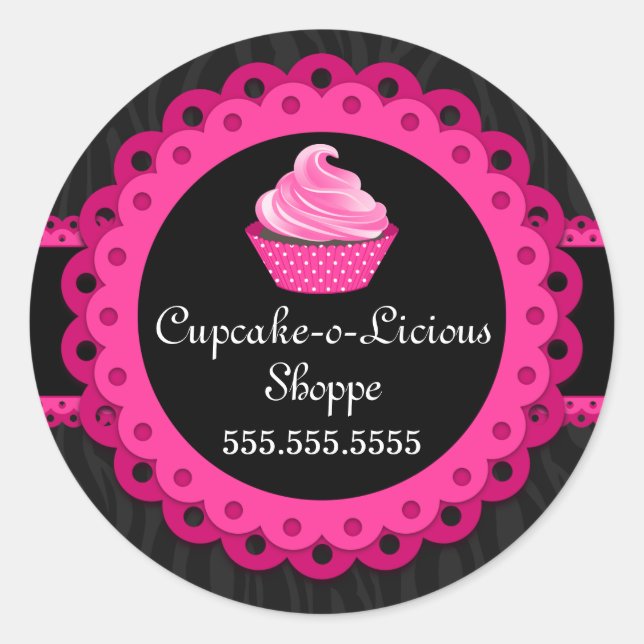 Chic Zebra Pink Lace Cupcake Bakery Box Seals (Front)