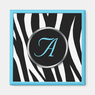 Chic Zebra Print Aqua Blue Monogram Magnet