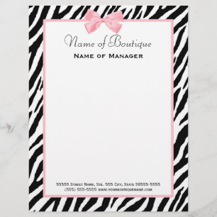 Chic Zebra Print Boutique Light True Pink Ribbon Customised Letterhead