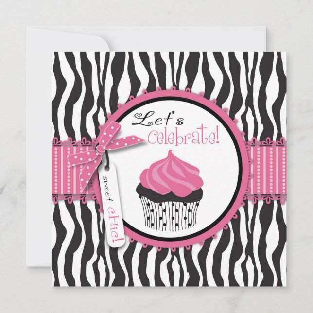 Chic Zebra Print Cupcake Birthday Invitation (Front)