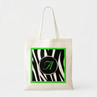 Chic Zebra Print Green Monogram Tote Bag