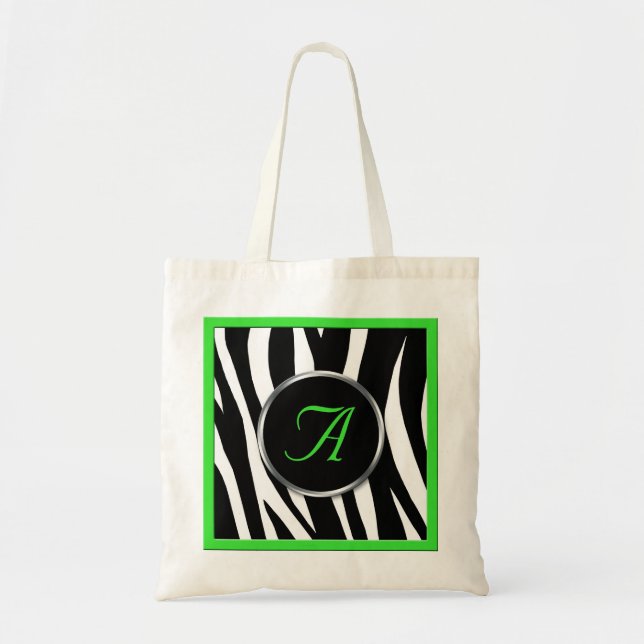 Chic Zebra Print Green Monogram Tote Bag (Front)