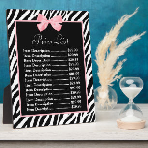 Chic Zebra Print Light True Pink Ribbon Price List Plaque