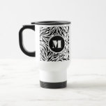 Chic Zebra Print Monogram Travel Mug<br><div class="desc">A travel mug features a black and white zebra stripes pattern accented with your chic initial monogram. Create for yourself or give as a gift. MATCHING items in our store.</div>