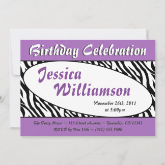 Chic Zebra Print Oval Purple Birthday Invitations