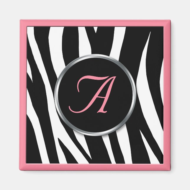 Chic Zebra Print Pink Monogram Magnet (Front)