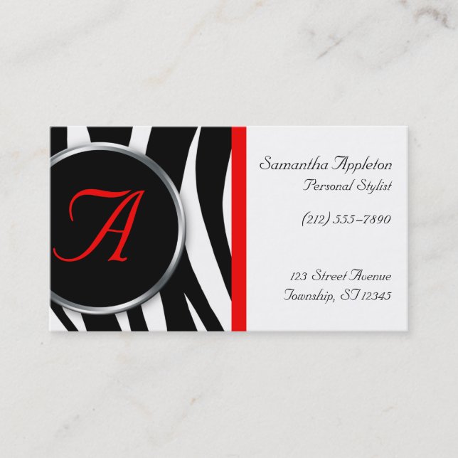 Chic Zebra Print Red Monogram Business Cards (Front)
