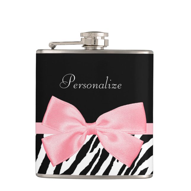 Chic Zebra Print Soft Girly Light Pink Ribbon Hip Flask (Front)