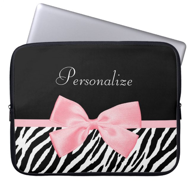 Chic Zebra Print Soft Girly Light Pink Ribbon Laptop Sleeve (Front)