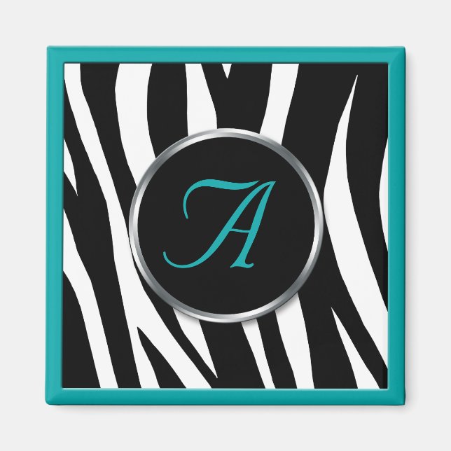 Chic Zebra Print Teal Monogram Magnet (Front)