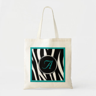 Chic Zebra Print Teal Monogram Tote Bag