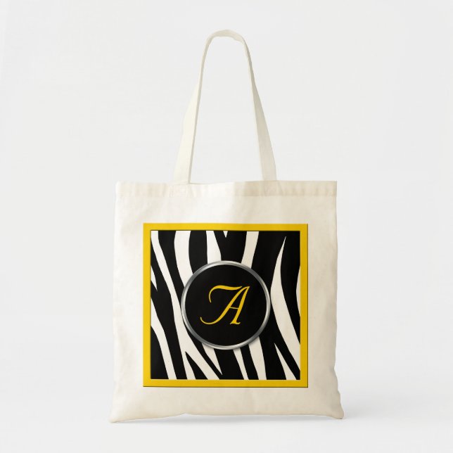 Chic Zebra Print Yellow Monogram Tote Bag (Front)