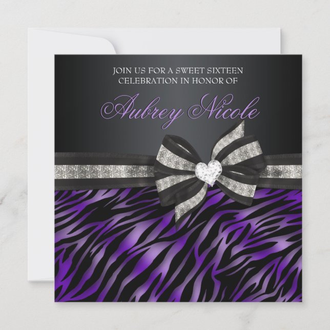 Chic Zebra Sweet Sixteen Invite With Jewelled Bow (Front)