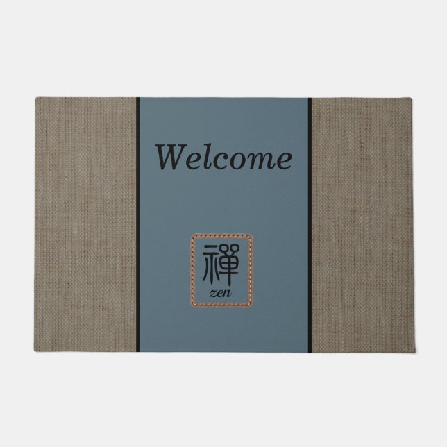 Chic Zen burlap print welcome brown blue customise Doormat (Front)