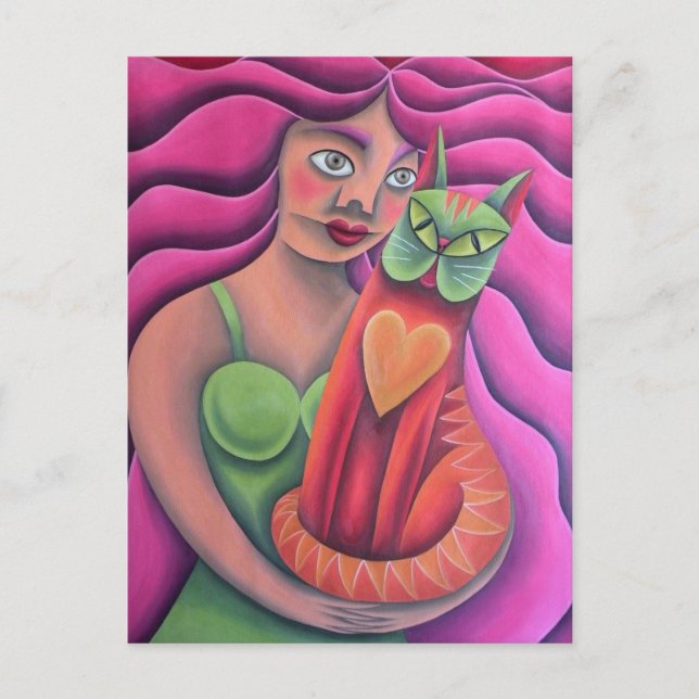 Chica y su gato verde pintura óleo arte postcard (Front)