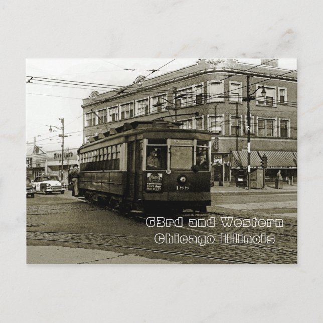 CHICAGO 63RD AND WESTERN 1952 TROLLEY ART SEPIA POSTCARD (Front)