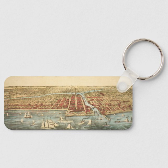 Chicago Antique Map, LaSalle Street and River Key Ring (Front)