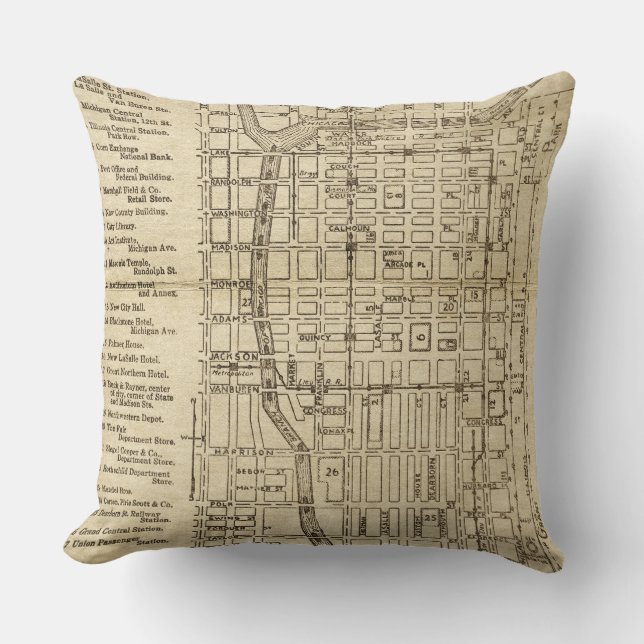 Chicago Antique Rustic Map Of Downtown Illinois Cushion (Front)
