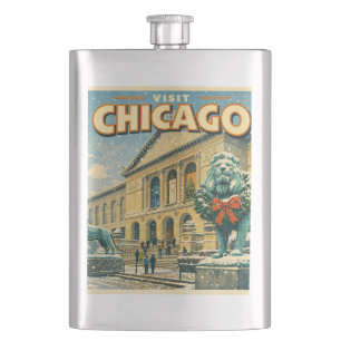 Chicago Art Institute in winter poster Hip Flask