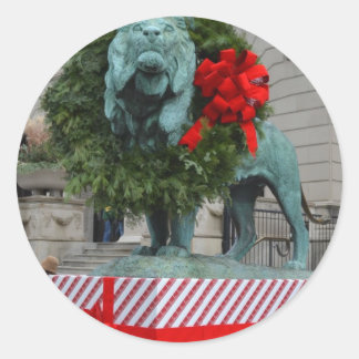 Chicago Art Institute Lion Decorated for Christmas Classic Round Sticker