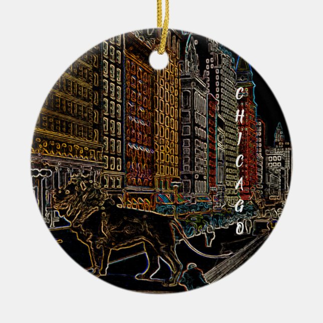 CHICAGO ART INSTITUTE LIONS MICHIGAN AVE NEON 1930 CERAMIC TREE DECORATION (Front)