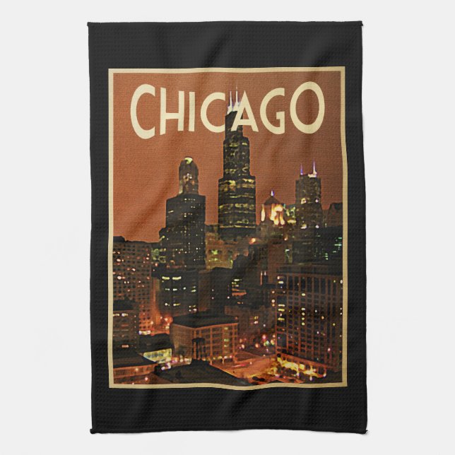 Chicago At Night Tea Towel (Vertical)