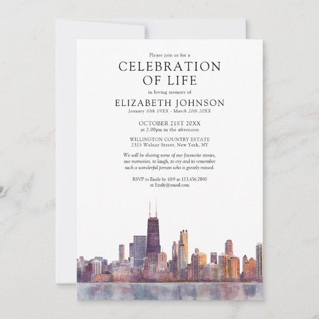 Chicago Celebration Of Life Funeral Memorial Invitation (Front)