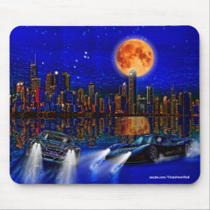 Chicago City Skyline and Street-Racing Cars Mouse Pad