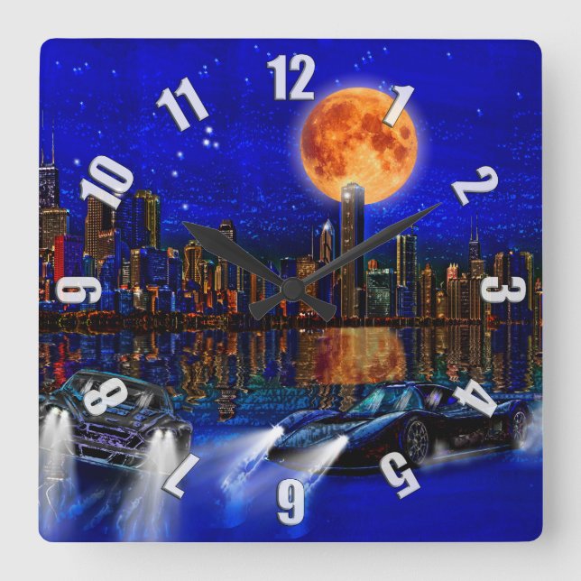 Chicago City Skyline and Street-Racing Cars Square Wall Clock (Front)