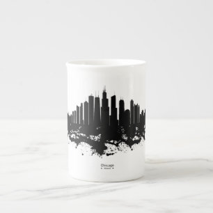 Chicago City Skyline Watercolor Black and White Bone China Mug