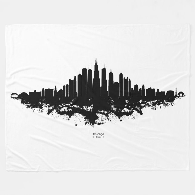 Chicago City Skyline Watercolor Black and White Fleece Blanket (Front (Horizontal))