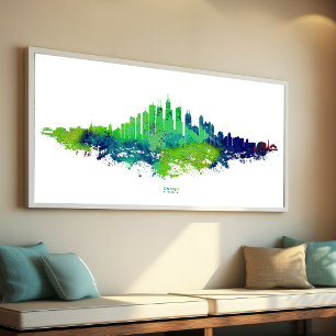 Chicago City Skyline Watercolor in blue and lime Photo Print