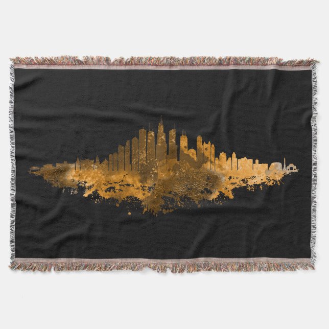 Chicago City Skyline Watercolor in orange Throw Blanket (Front)
