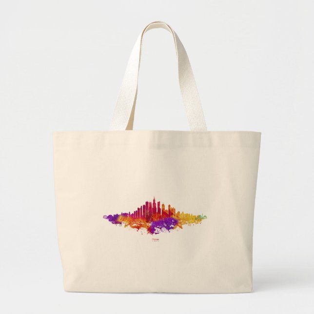 Chicago City Skyline Watercolor on White Large Tote Bag (Front)