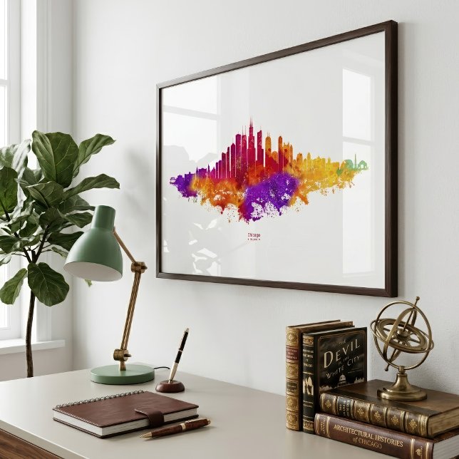 Chicago City Skyline Watercolor on White Photo Print (Chicago Skyline Watercolor Art on White Background. Photo Print)
