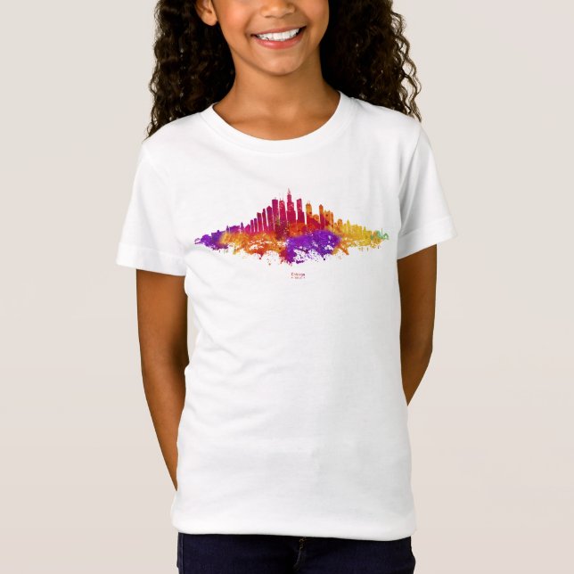 Chicago City Skyline Watercolor on White T-Shirt (Front)