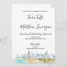 Chicago City Skyline Watercolor Wedding Invitation