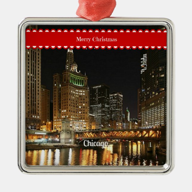 Chicago cityscape, Christmas greetings, Metal Tree Decoration (Front)